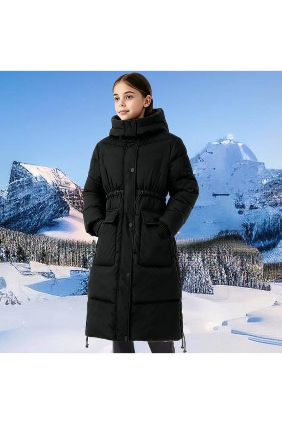 Thermal Lined Thickened Long Parka for 5-15Y Boys & Girls, Hooded Solid Color Winter Coat with Pockets Casual Warm Padded Jacket