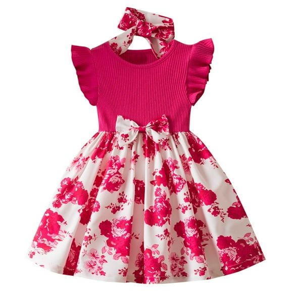 AUNVITO Toddler Floral Print Ruffle Dress Cap Sleeve Waist Tie Princess with Hair Band