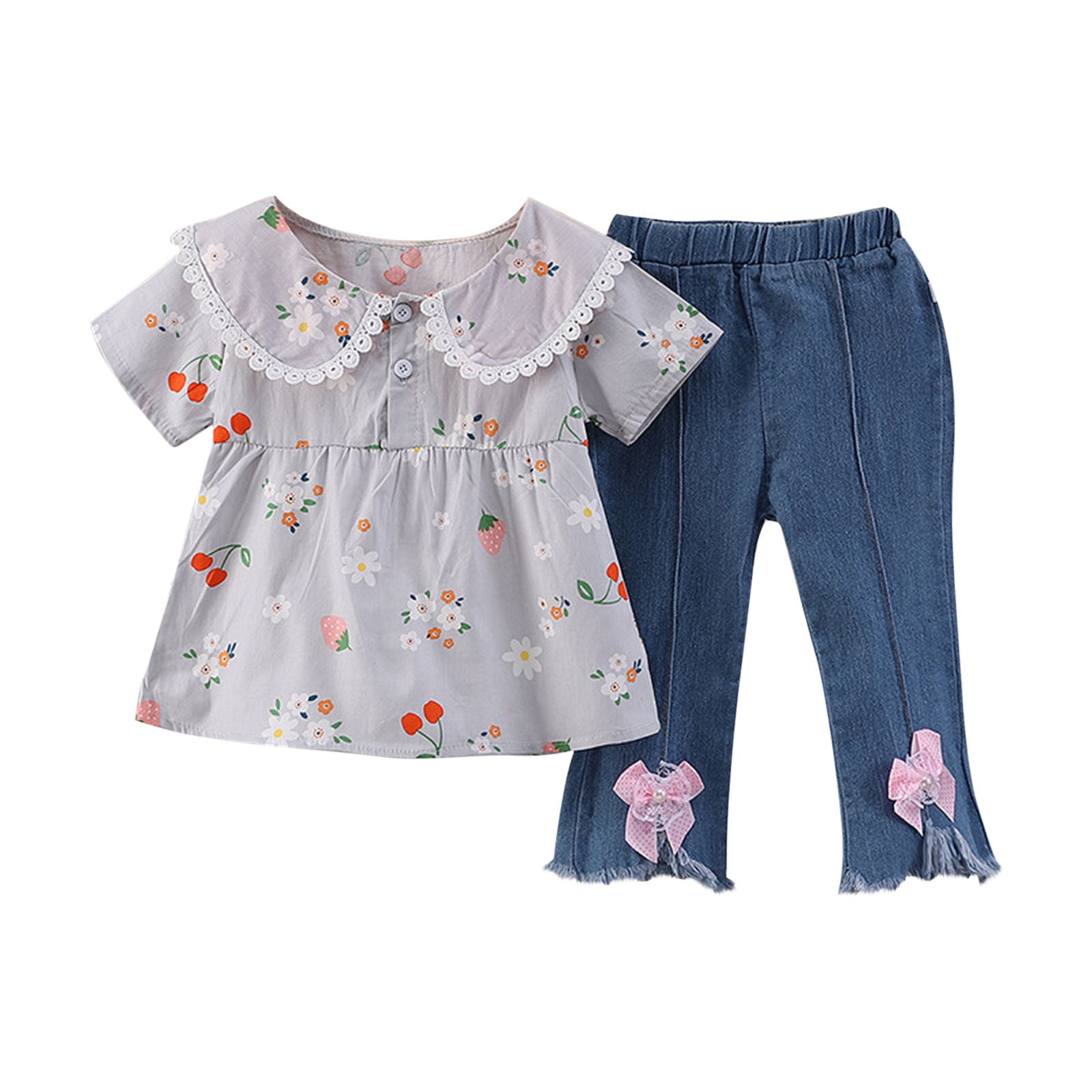 Summer Hot Selling Baby Kids Girls Short Sleeves Cartoon Pattern T-shirt and Pants Clothing Set