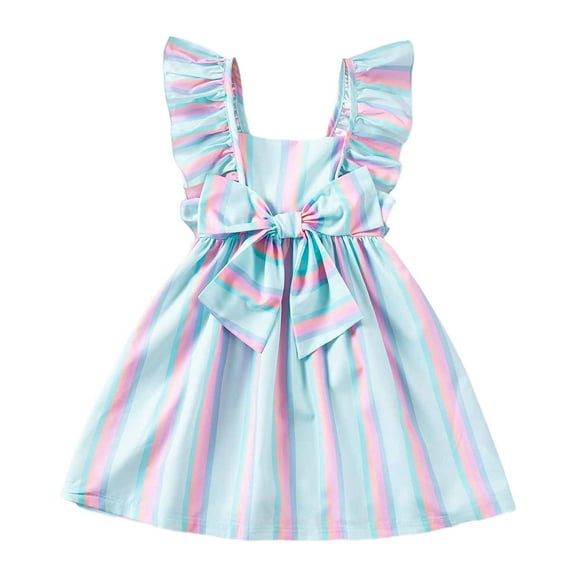 AUNVITO Toddler Girls Sweet Bow Striped Puff Sleeve Spaghetti Strap Summer Dress