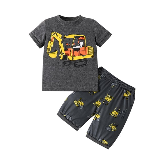 AUNVITO Toddler Summer Excavator Print Short Sleeve T-Shirt & Shorts 2-Piece Casual Outfit Set for 1-6 Years Old Kids