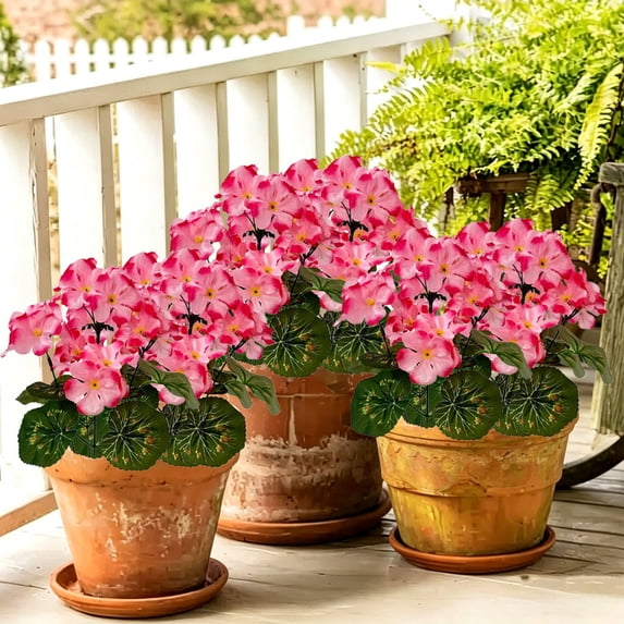 AUNVITO UV Resistant Artificial Silk Geranium Flower Bouquet Outdoor Faux Plant Patio Window Hanging Basket Garden Decor