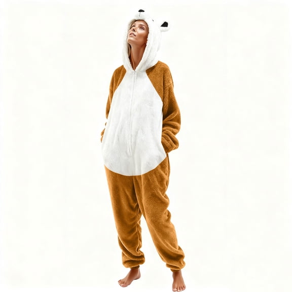 AUNVITO Unisex Adult Bear Print Fleece Pajamas Onesie with Pocket Cozy and Warm Winter Sleepwear
