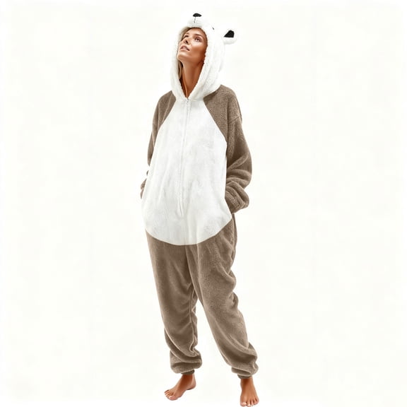 AUNVITO Unisex Adult Bear Print Fleece Pajamas Onesie with Pocket Cozy and Warm Winter Sleepwear