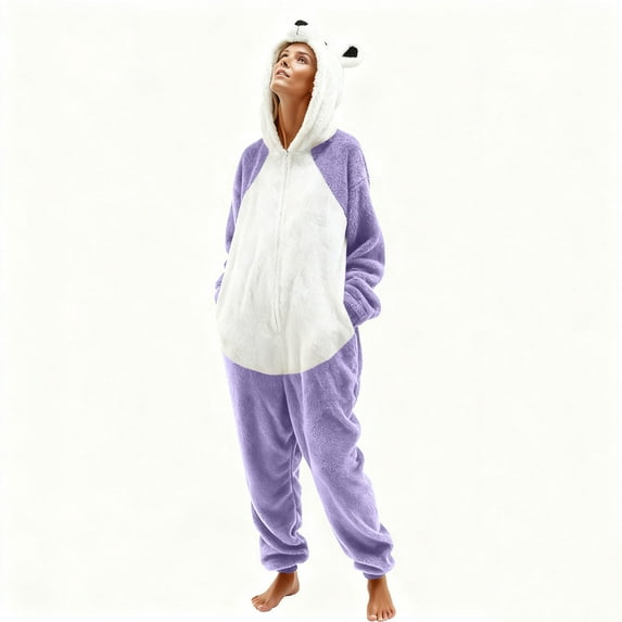 AUNVITO Unisex Adult Bear Print Fleece Pajamas Onesie with Pocket Cozy and Warm Winter Sleepwear