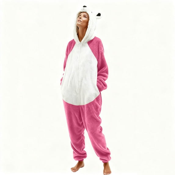 AUNVITO Unisex Adult Bear Print Fleece Pajamas Onesie with Pocket Cozy and Warm Winter Sleepwear
