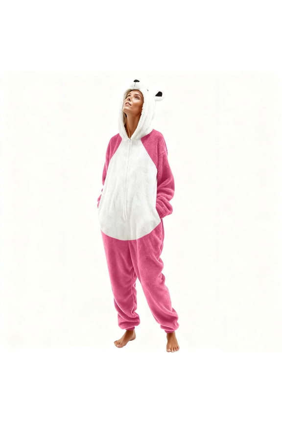Unisex Adult Bear Print Fleece Pajamas Onesie with Pocket Cozy and Warm Winter Sleepwear