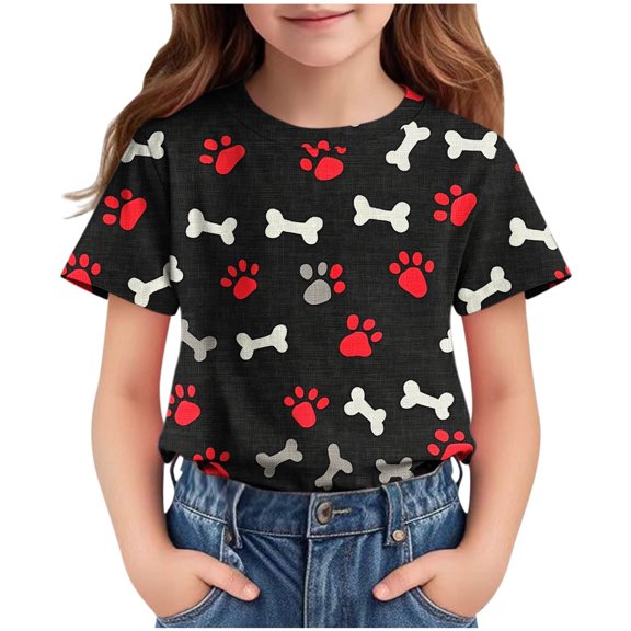 AUNVITO Unisex Kids Casual Dog Paw Print Round Neck Short Sleeve T-Shirt Summer Graphic Tee Playful Style