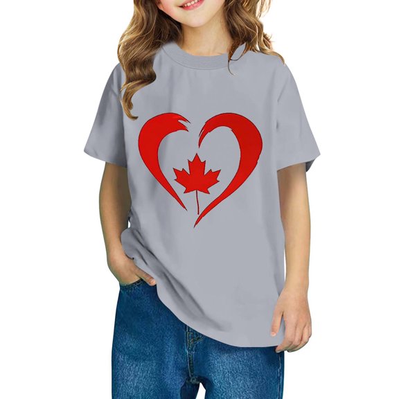 AUNVITO Unisex Kids Casual Short Sleeve Cotton T-shirt Canada Maple Leaf Print Stylish Cute Top