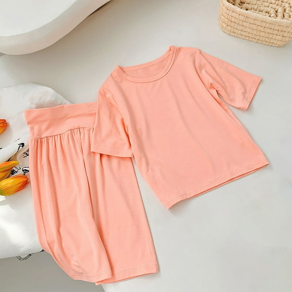 AUNVITO Unisex Toddler Kids Boys Girls Fashion Cute Solid Color Soft Half Sleeve Top Pants Home Wear Suit