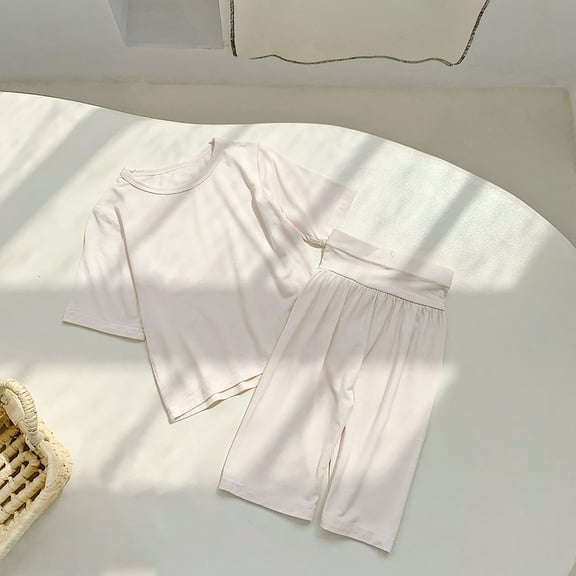 AUNVITO Unisex Toddler Kids Boys Girls Fashion Cute Solid Color Soft Half Sleeve Top Pants Home Wear Suit