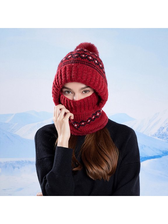 Warm Fleece-Lined Knit Hat with Earmuffs Scarf Mask Integrated for Women Winter Outdoor