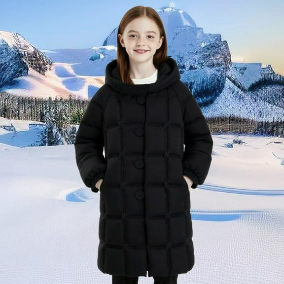 AUNVITO Warm Lightweight Puffer Coat for Boys & Girls 2-14Y, Hooded Quilted Longline Winter Jacket with Button Closure, Thickened Insulation, Pockets, Water-Resistant Nylon Spandex Casual Outerwear