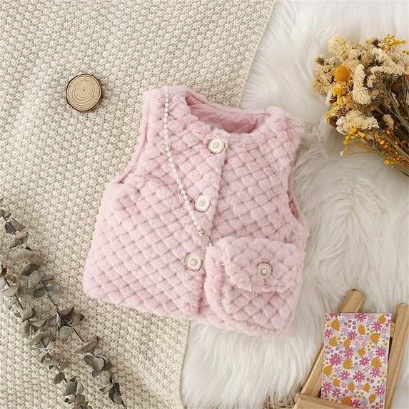 AUNVITO Wholesale Girls' Solid Color Plush Sleeveless Cotton Coat Jacket with Backpack Two-piece Set