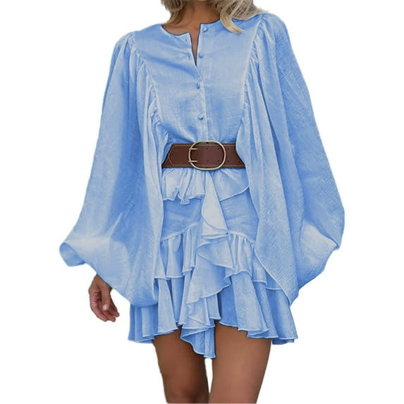 AUNVITO Women Casual Dress Layered Ruffles Lantern Sleeves Pure Color Polyester Matte Long Sleeve Elegant