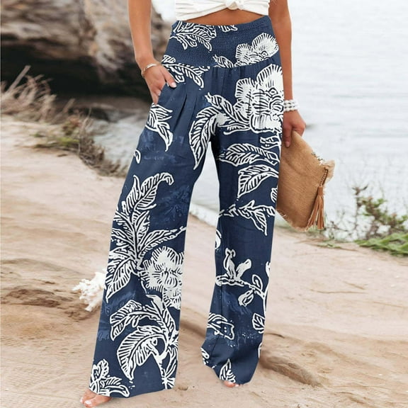 AUNVITO Women Casual Loose Fit Elastic Waist High Waist Straight Leg Pants with Pockets & Printing, Soft Comfortable Stretch for Daily Wear