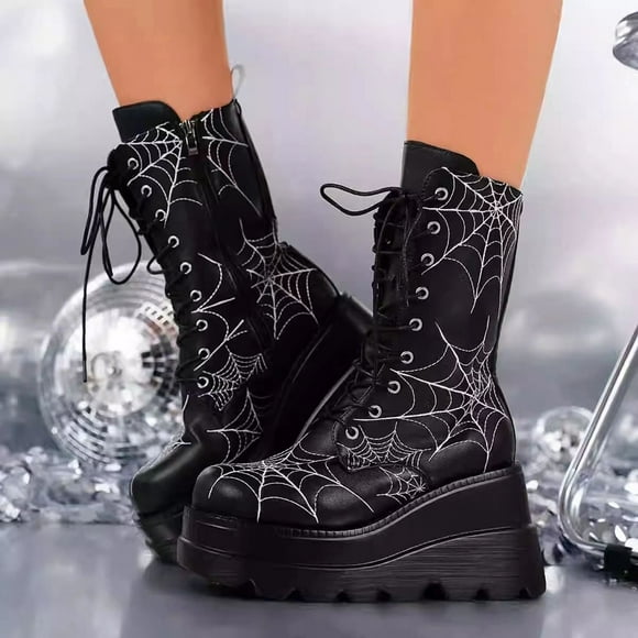 Women Gothic Web Embroidery Thick Sole Lace-Up Mid-Calf Boots Winter Fashion Slip-Resistant Punk Style Combat Shoes