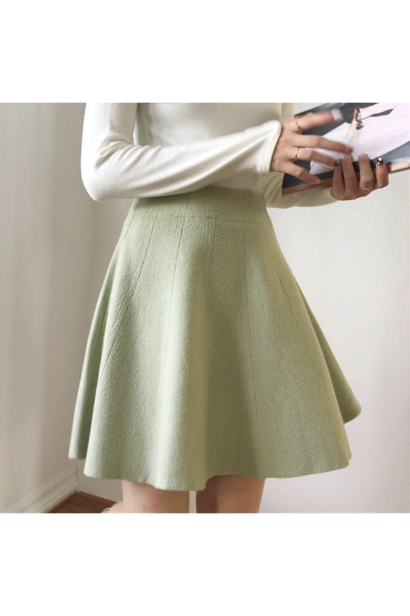 Women High Waisted A-Line Knitted Pleated Skirt Mid-Length Solid Color Casual Fashion
