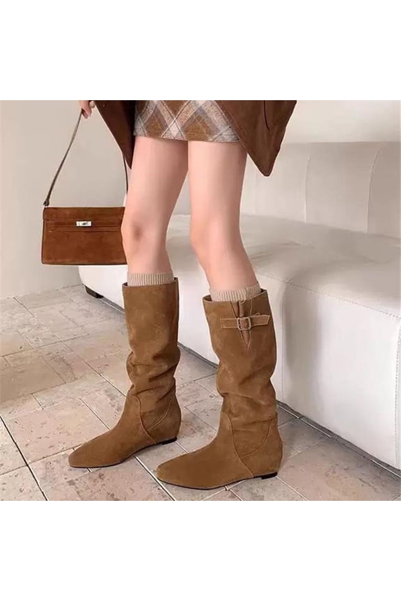 Women Knee-High Slim Suede Boots Western Casual with Metal Buckle Pointed Toe (Deep Brown, Tan, Black)