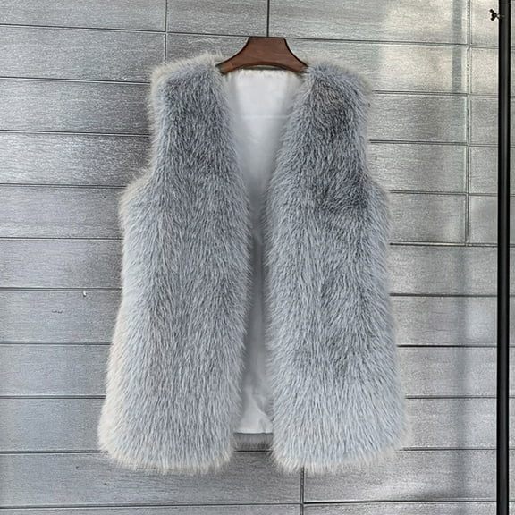 AUNVITO Women Sleeveless Faux Fur Coat Short Warm Solid Color Winter Jacket Outerwear Luxe Plush Fleece
