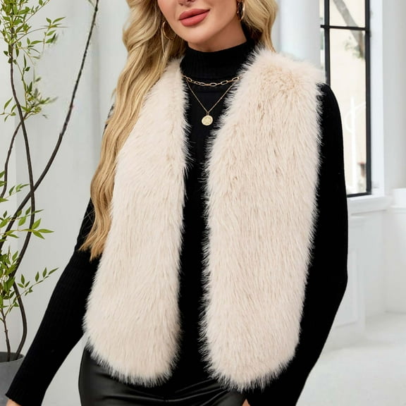 AUNVITO Women Sleeveless Faux Fur Vest Solid Color V-Neck Thermal Warm Winter Coat Jacket No Sleeve Outerwear