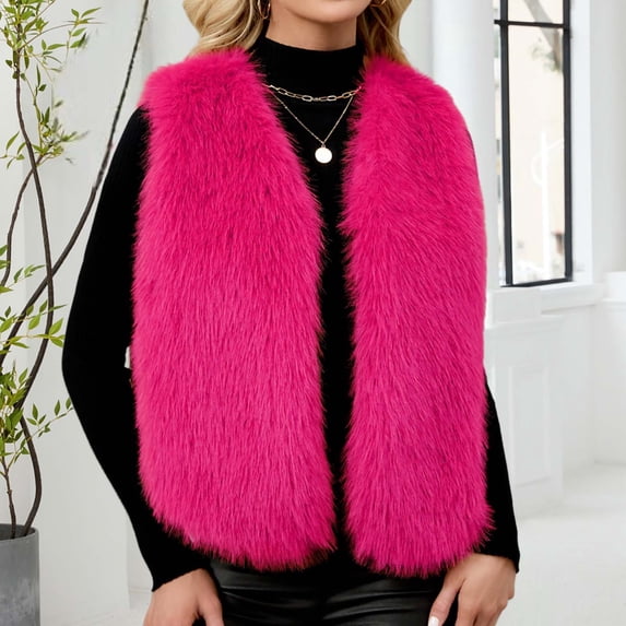 AUNVITO Women Sleeveless Faux Fur Vest Solid Color V-Neck Thermal Warm Winter Coat Jacket No Sleeve Outerwear