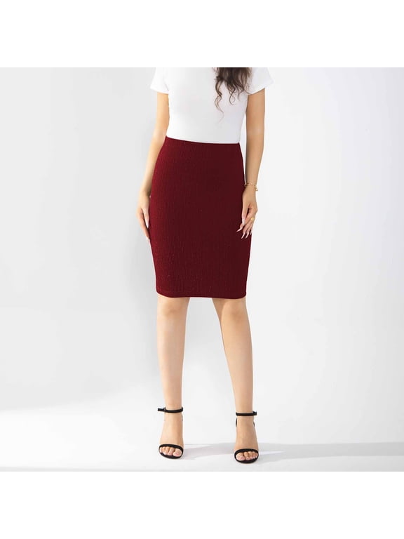 Women Summer High Waist Bodycon Skirt with Shiny Thread, Stretchy Nylon & Spandex, Elegant Slim Fit Mid-Length Pencil Skirt