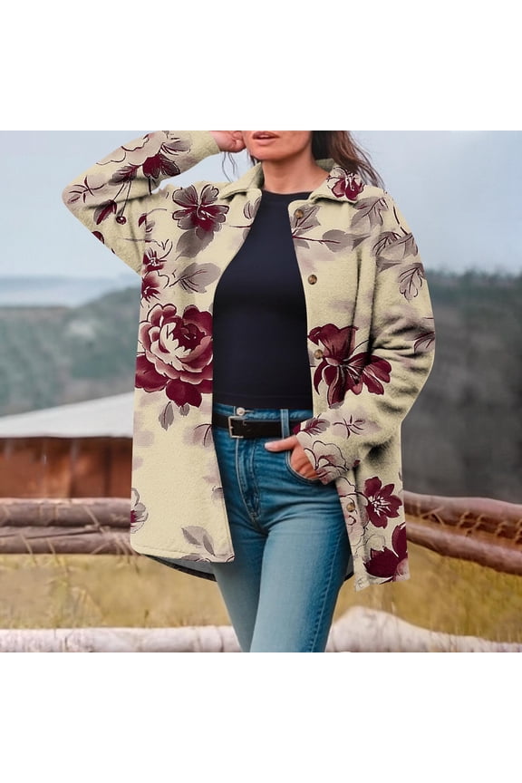 Women Winter Fleece Jacket Fluffy Cozy Floral Print Loose Fit Button Front Stand Collar Long Sleeve Casual Outerwear