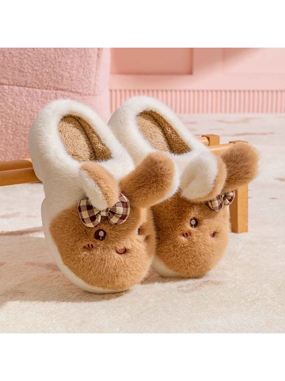 Women Winter Indoor Slippers Cute Bear Design Soft Fleece-Lined Anti-Slip Sole Thick Cushioned Home Shoes for Women