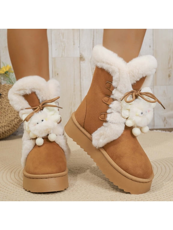 Women Winter Snow Boots Warm Lined Thick Sole Bunny Decor Suede Casual Shoes for Outdoor Indoor (Black, Light Brown, Tan)