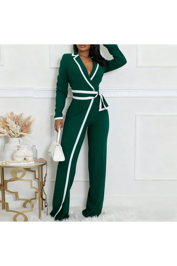 Women Winter V-Neck Color Block Belt Slimming Jumpsuit Elegant Long Sleeve Party Wear
