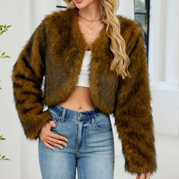 AUNVITO Women Winter Warm Faux Fur Coat V-Neck Long Sleeve Solid Outerwear Casual Party Jacket