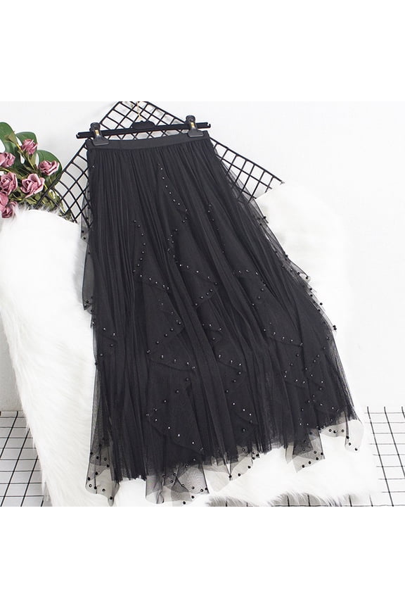 Women's Beaded Mesh Skirt High Waist Flared Midi A-Line Elegant and Slimming