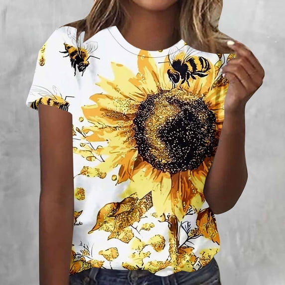 AUNVITO Women's Bee Festival All Over Printed T-Shirt Round Neck Short Sleeve Loose Fit Casual and Fashionable Style