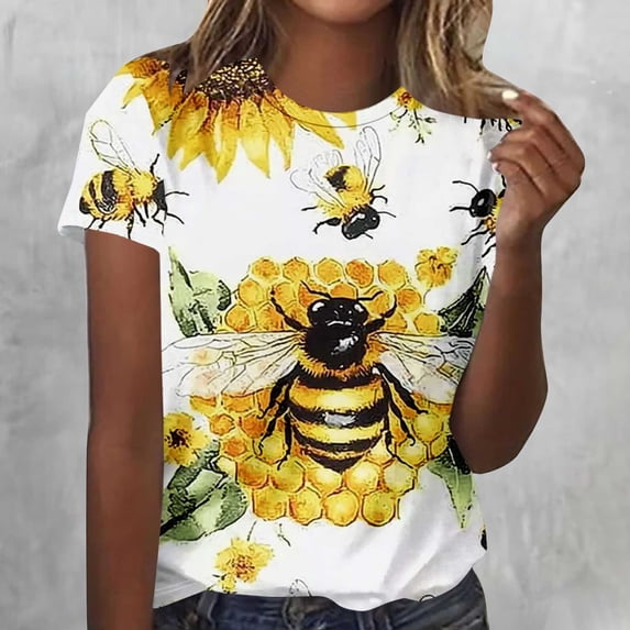 AUNVITO Women's Bee Festival All Over Printed T-Shirt Round Neck Short Sleeve Loose Fit Casual and Fashionable Style