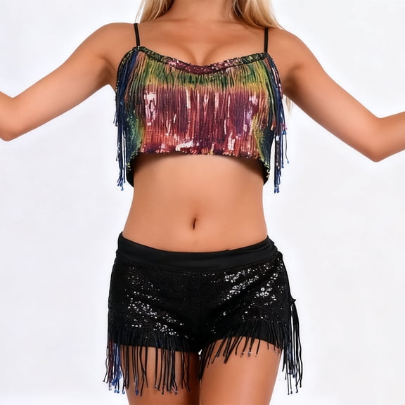 AUNVITO Women's Belly Dance Top With Sequins Tassel Waist Chain And Hip Scarf Stylish Performance Wear Casual And Stylish
