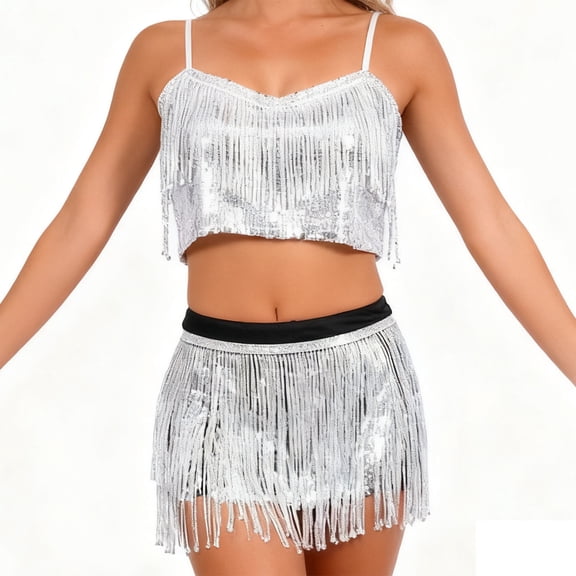 AUNVITO Women's Belly Dance Top With Sequins Tassel Waist Chain And Hip Scarf Stylish Performance Wear Casual And Stylish