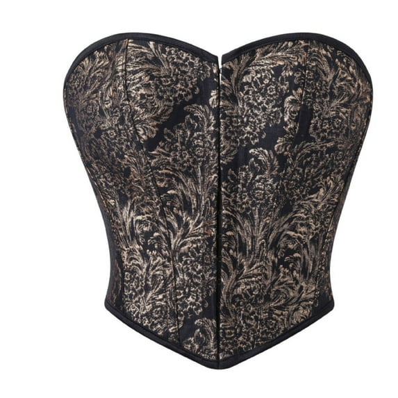 AUNVITO Women's Black Gold Print Bustier V Neck Strapless Boned Push Up Waist Cinching Corset Top Vintage and Stylish Style