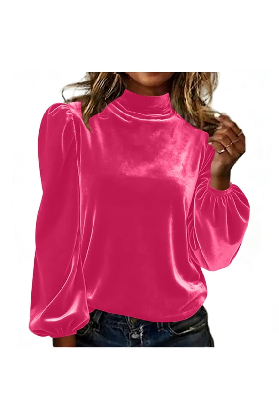 Women's Blouse High Neck Bubble Long Sleeve Pullover Casual and Fashionable Solid Color Top