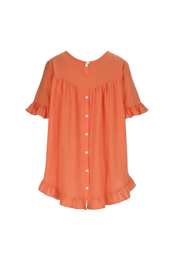 Women's Blouse Short Sleeve Button Down Round Neck Ruffle Hem Cuff Detail Reversible Casual and Comfortable Loose Fit