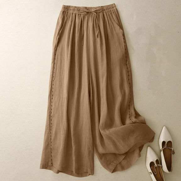 AUNVITO Women's Breathable High Waisted Linen Wide Leg Pants with Embroidery Slimming Double Layer Casual Fashion for Summer