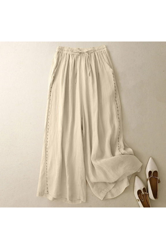 Women's Breathable High Waisted Linen Wide Leg Pants with Embroidery Slimming Double Layer Casual Fashion for Summer