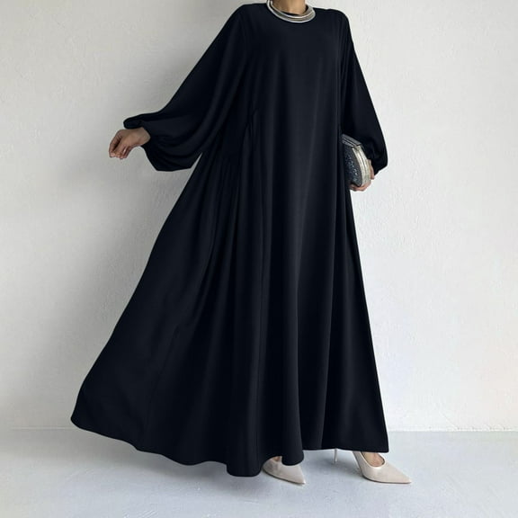 AUNVITO Women's Breathable Long Sleeve Casual Dress Fold Design Round-Neck Solid Color Summer Party Wear Durable Fabric Blend