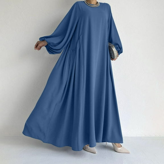 AUNVITO Women's Breathable Long Sleeve Casual Dress Fold Design Round-Neck Solid Color Summer Party Wear Durable Fabric Blend