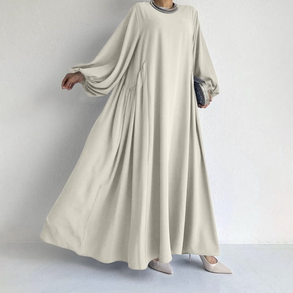 AUNVITO Women's Breathable Long Sleeve Casual Dress Fold Design Round-Neck Solid Color Summer Party Wear Durable Fabric Blend