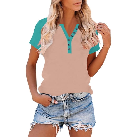 AUNVITO Women's Button Down T-Shirt V Neck Short Sleeve Raglan Sleeve Casual and Comfortable Loose Fit Top