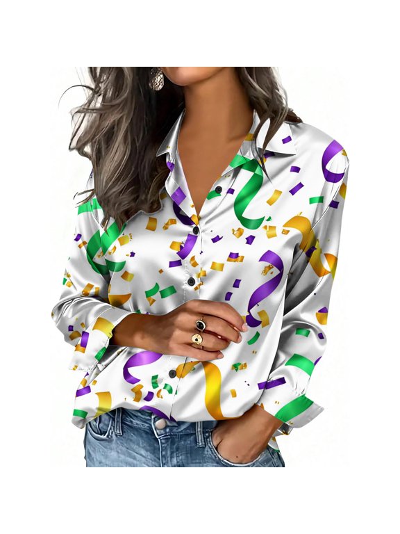 Women's Carnival Blouse Long Sleeve Notched Collar Button Front Festive and Elegant Style
