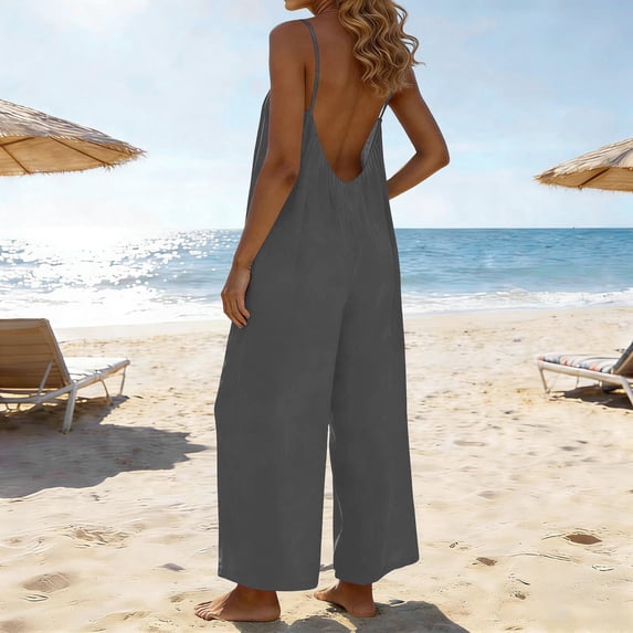 AUNVITO Women's Casual Adjustable Straps Backless Jumpsuit with Pockets Long and Fashionable