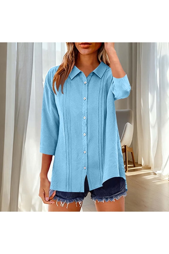 Women's Casual Blouse with Notched Collar Button Front V-Neck Three Quarter Sleeve Casual and Chic