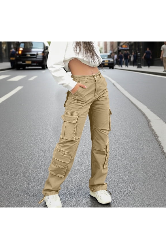 Women's Casual Cargo Pants with Elastic Waist and 8 Pockets Straight Leg Cuffed Ankle Utility Workwear Style